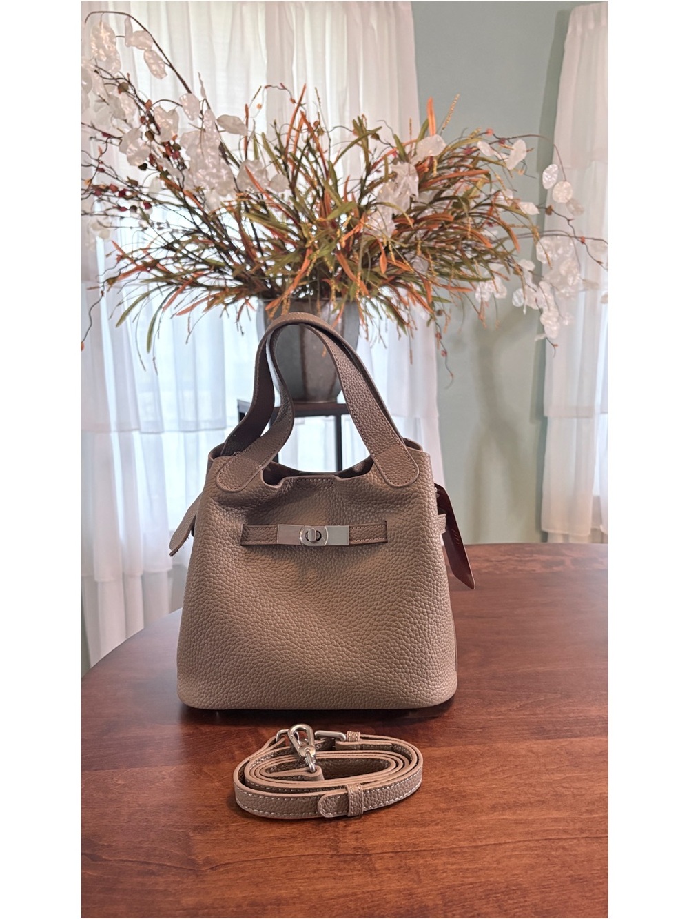 Genuine Pebbled Leather Mini Bucket Bag Taupe Crossbody Shoulder Bag + Insert